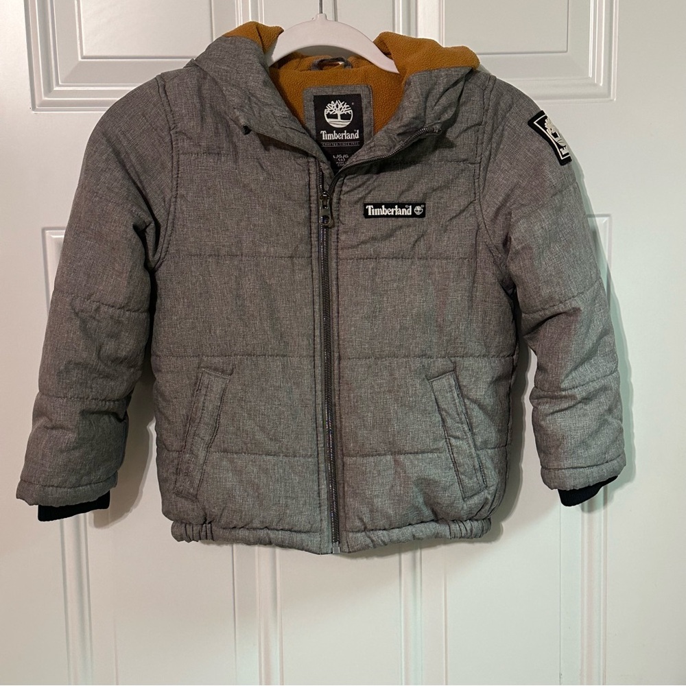 Timberland Boys Puff Hooded Fleece Lined Gray Full Zip Jacket Size Large (6)